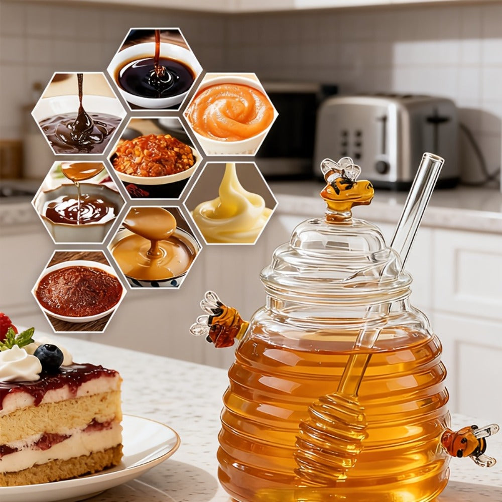 480ml Beehive-Shaped Glass Storage Jar with Honeycomb Accents, Matching Lid and Spiral-Ended Stirrer
