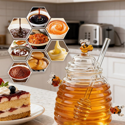 480ml Beehive-Shaped Glass Storage Jar with Honeycomb Accents, Matching Lid and Spiral-Ended Stirrer