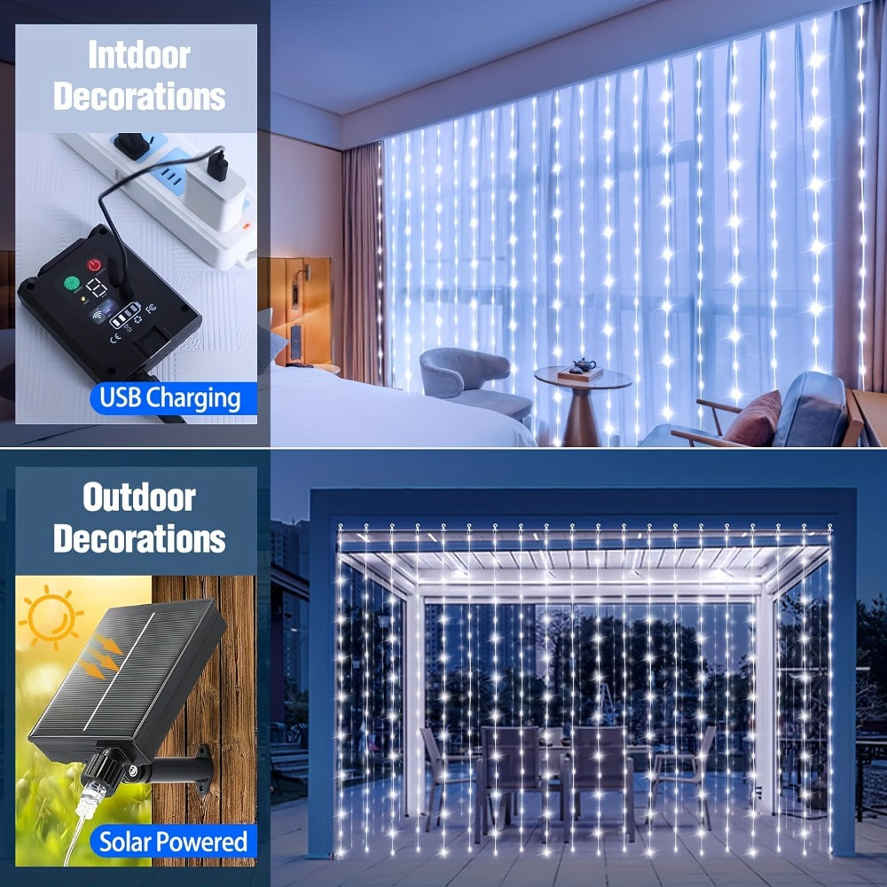 Solar Curtain Lights Outdoor 300 LED Waterfall Fairy String Lights with 8 Modes Remote for Entryways, Bedrooms and Living Spaces