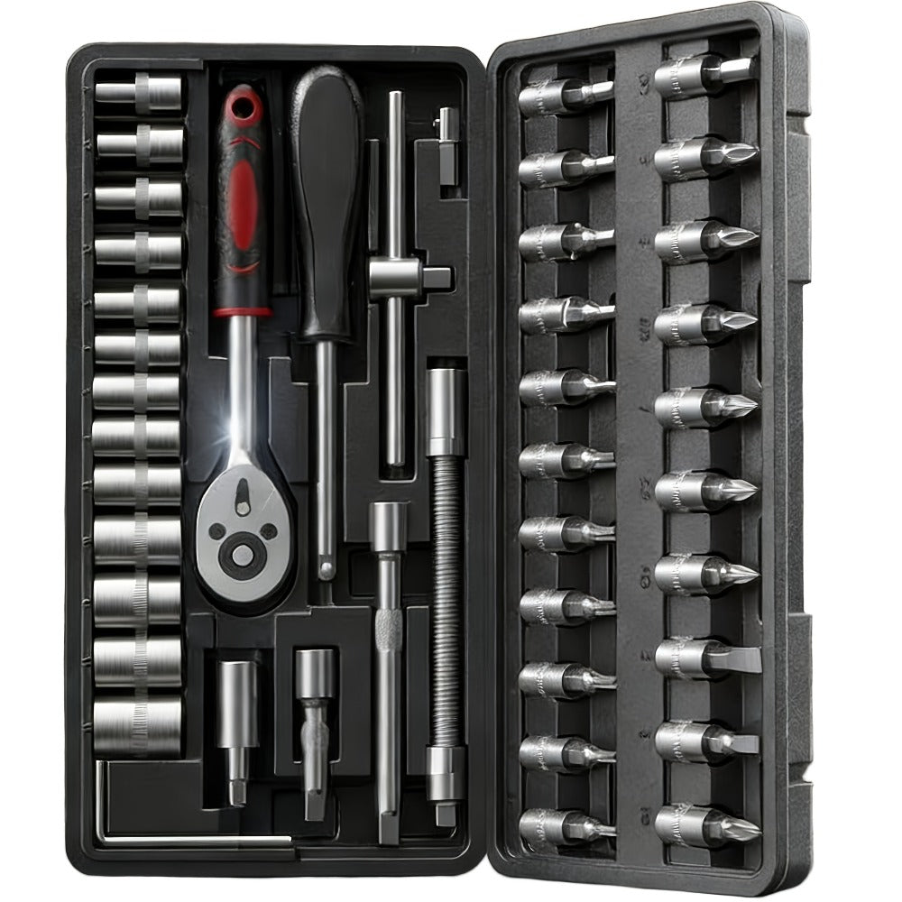 Torx Star Bit Socket Set 34/46-Piece – 3/8" Drive CR-V E-Socket E4-E20, T10-T60, Tamper-Proof TT10-TT55, S2 Steel, 5/16"F to 3/8"M Adapter