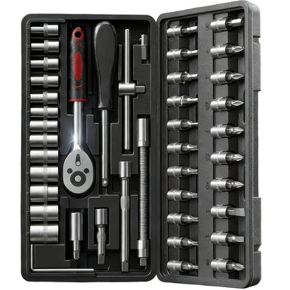 Torx Star Bit Socket Set 34/46-Piece – 3/8" Drive CR-V E-Socket E4-E20, T10-T60, Tamper-Proof TT10-TT55, S2 Steel, 5/16"F to 3/8"M Adapter