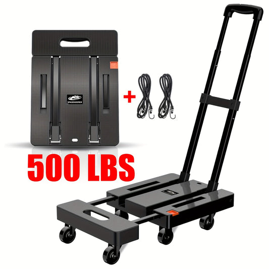 Folding Hand Truck Dolly, Collapsible Luggage Cart with 6 Wheels & 2 Elastic Straps for Moving, Travel