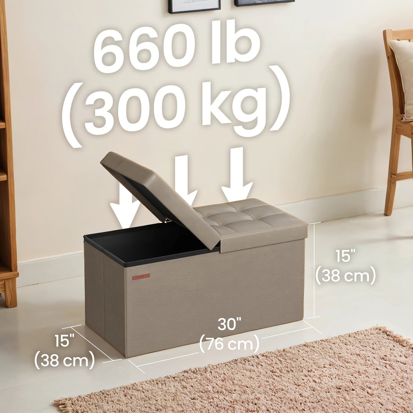 Storage Ottoman with Flip Top Lid, Foldable Faux Leather Chest Stool, 30" Wide Extra Seating & Blanket Storage for Entryway