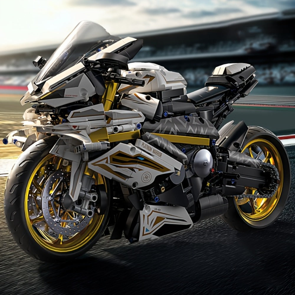 Motorcycle Building Blocks Model Kit 1:5 Scale 2000+ Pieces, Platinum Gold & White Collectible Brick Motorbike Display Set