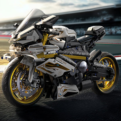 Motorcycle Building Blocks Model Kit 1:5 Scale 2000+ Pieces, Platinum Gold & White Collectible Brick Motorbike Display Set