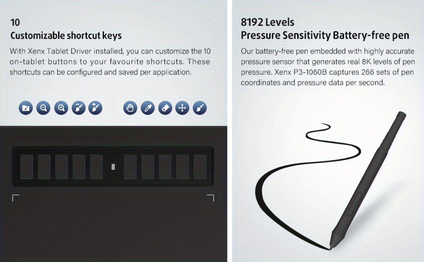 XENX Graphics Drawing Tablet 10 x 6.22 Inch, 8192 Pressure Sensitivity Battery-Free Passive Stylus