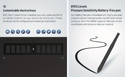 XENX Graphics Drawing Tablet 10 x 6.22 Inch, 8192 Pressure Sensitivity Battery-Free Passive Stylus