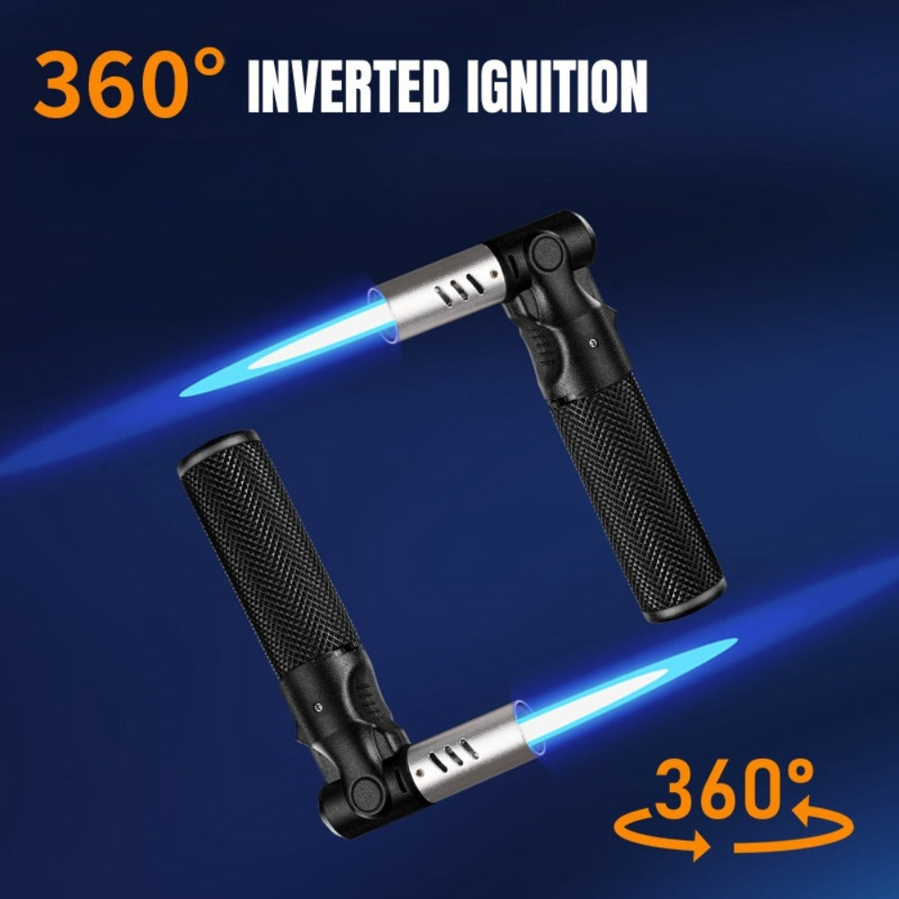 Angled-Nozzle Torch Lighter with Knurled Cylindrical Grip, Standing Body and Three Finish Options
