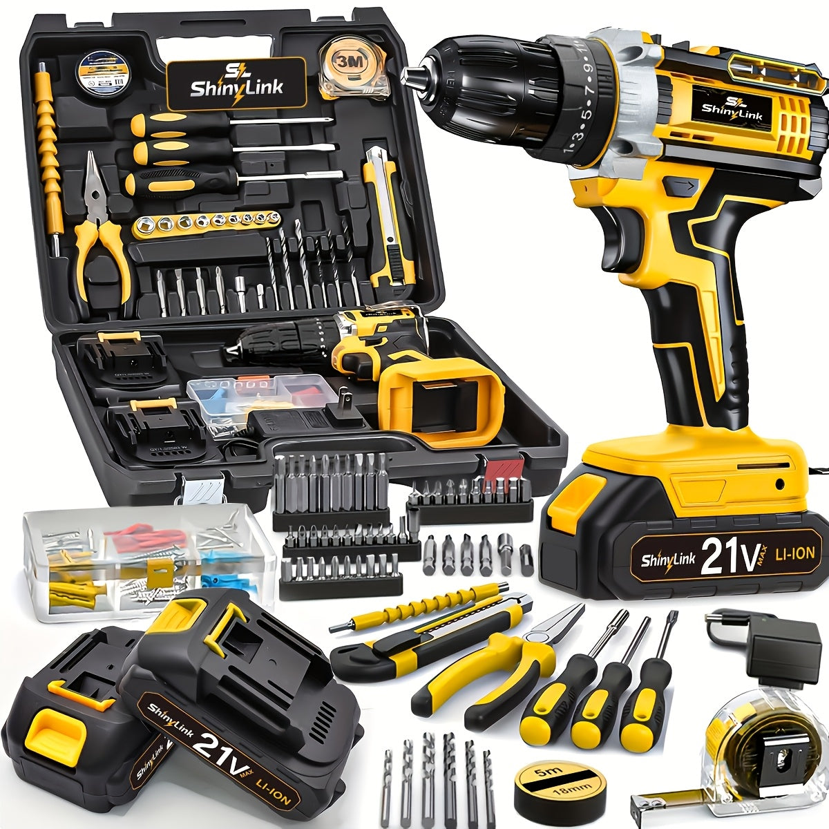 21V Cordless Drill Set Electric Drill Driver Kit with Lithium Battery Screwdriver Bits Hand for Entryways, Bedrooms and Living Spaces