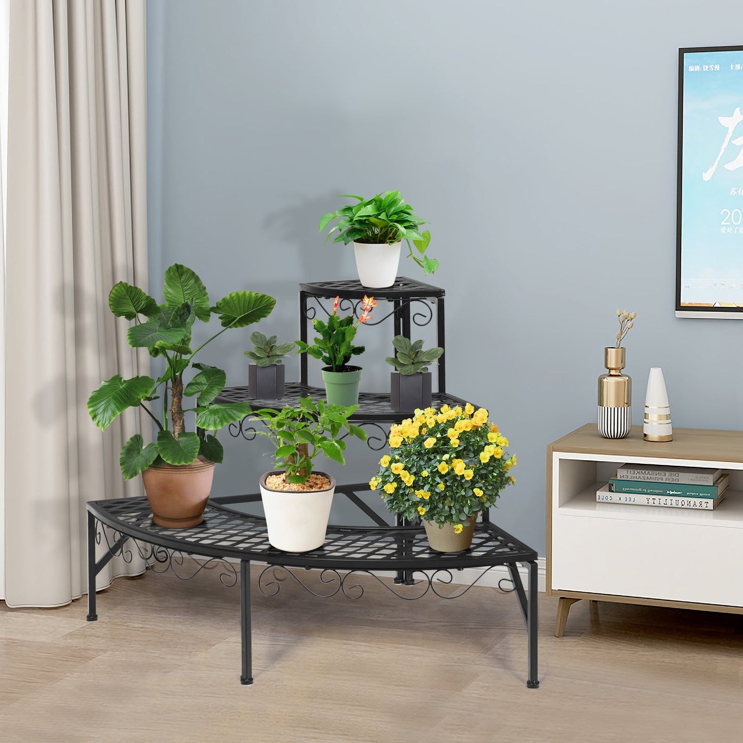 Three-Tier Black Metal Corner Plant Stand with Fan-Shaped Shelves, Scrollwork and Non-Slip Feet