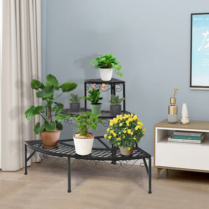 Three-Tier Black Metal Corner Plant Stand with Fan-Shaped Shelves, Scrollwork and Non-Slip Feet