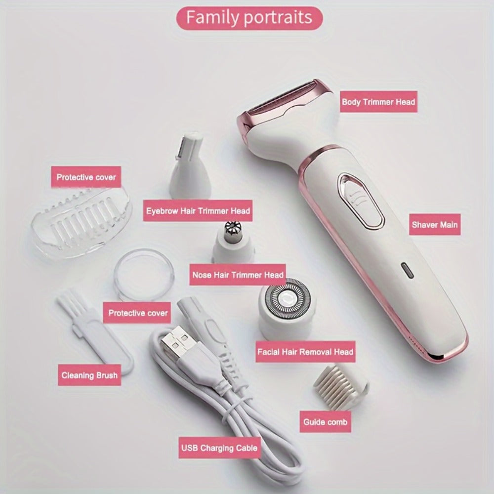 4-in-1 Electric Hair Remover for Women USB Rechargeable Shaver Trimmer – Eyebrow Nose Face Leg Bikini Line Underarm Peach Fuzz Removal