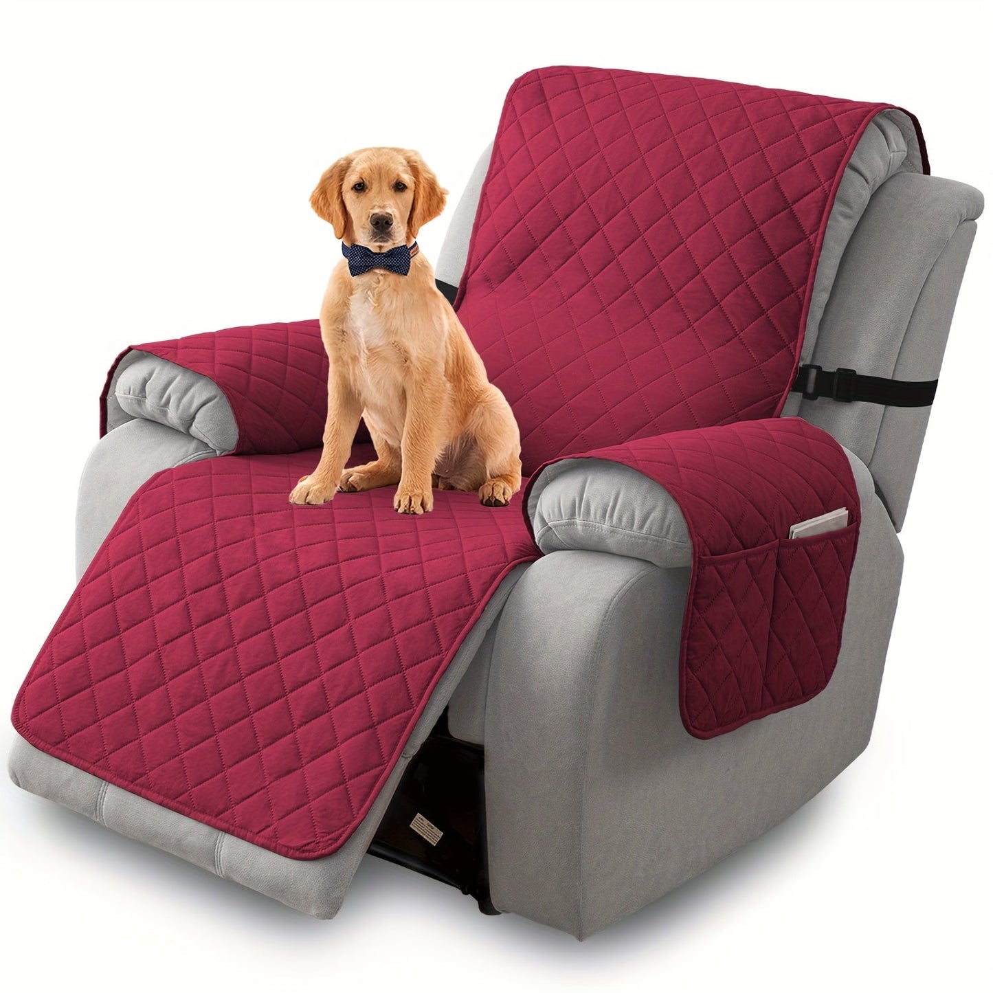 One-Piece Quilted Recliner Chair Cover with Wide Arm Wings, Back Strap and Eight Color Options