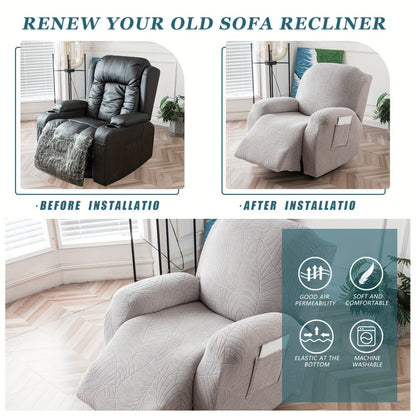 Recliner Chair Cover Slipcover 4-Piece Set – Leaf Jacquard Stretch Furniture Protector with Storage Pocket
