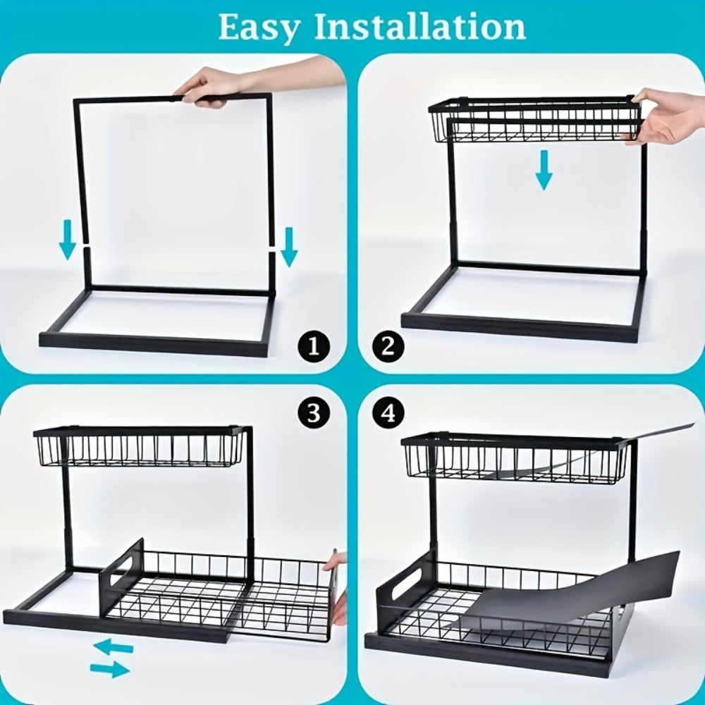 Under Sink Organizer Pull Out, 2-Tier Slide Out Cabinet Organizer with Adjustable Shelves, Under Sink Storage Rack for Kitchen Bathroom