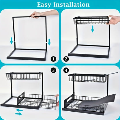 Under Sink Organizer Pull Out, 2-Tier Slide Out Cabinet Organizer with Adjustable Shelves, Under Sink Storage Rack for Kitchen Bathroom