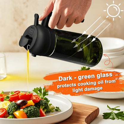 Glass Olive Oil Dispenser Bottle Set of 2 – 16oz 480ml Dual Drizzle & Spray Function, Light-Blocking Design for Fresh Oil