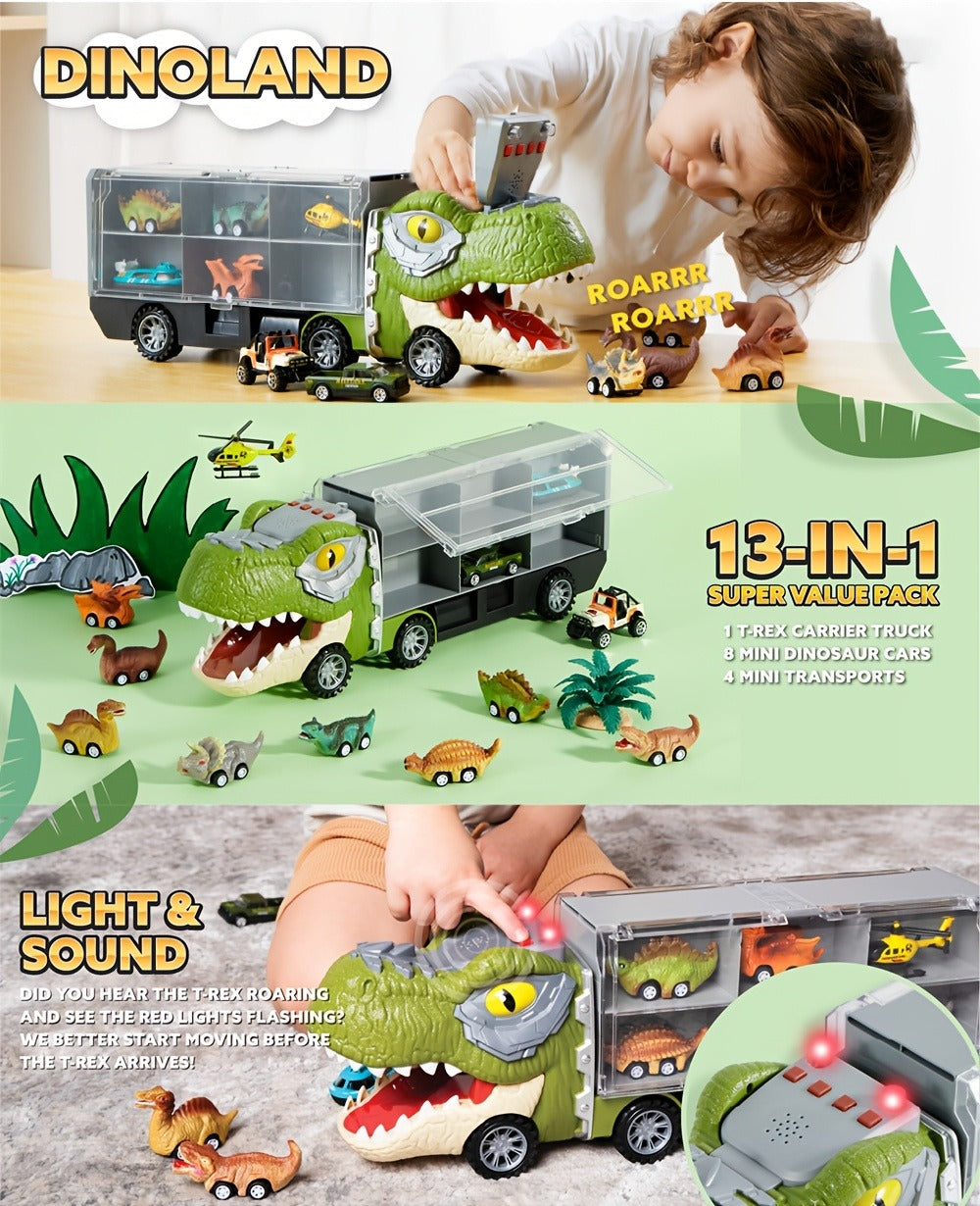 Dinosaur Truck Toy Set 13 PCS, Transport Carrier Truck with Lights & Sounds + 8 Pull-Back Cars + 3 Die-Cast Dino Vehicles + Helicopter