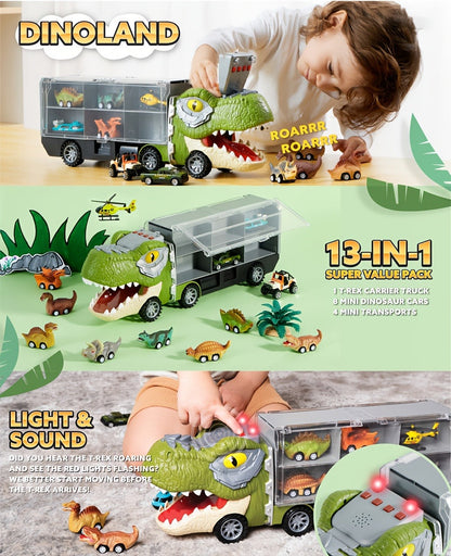 Dinosaur Truck Toy Set 13 PCS, Transport Carrier Truck with Lights & Sounds + 8 Pull-Back Cars + 3 Die-Cast Dino Vehicles + Helicopter