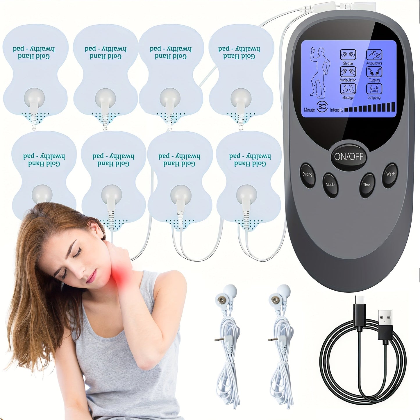 TENS EMS Dual Channel Stimulator Massager, 8 Electrodes for Back, Shoulder & Knee Pain, Recovery