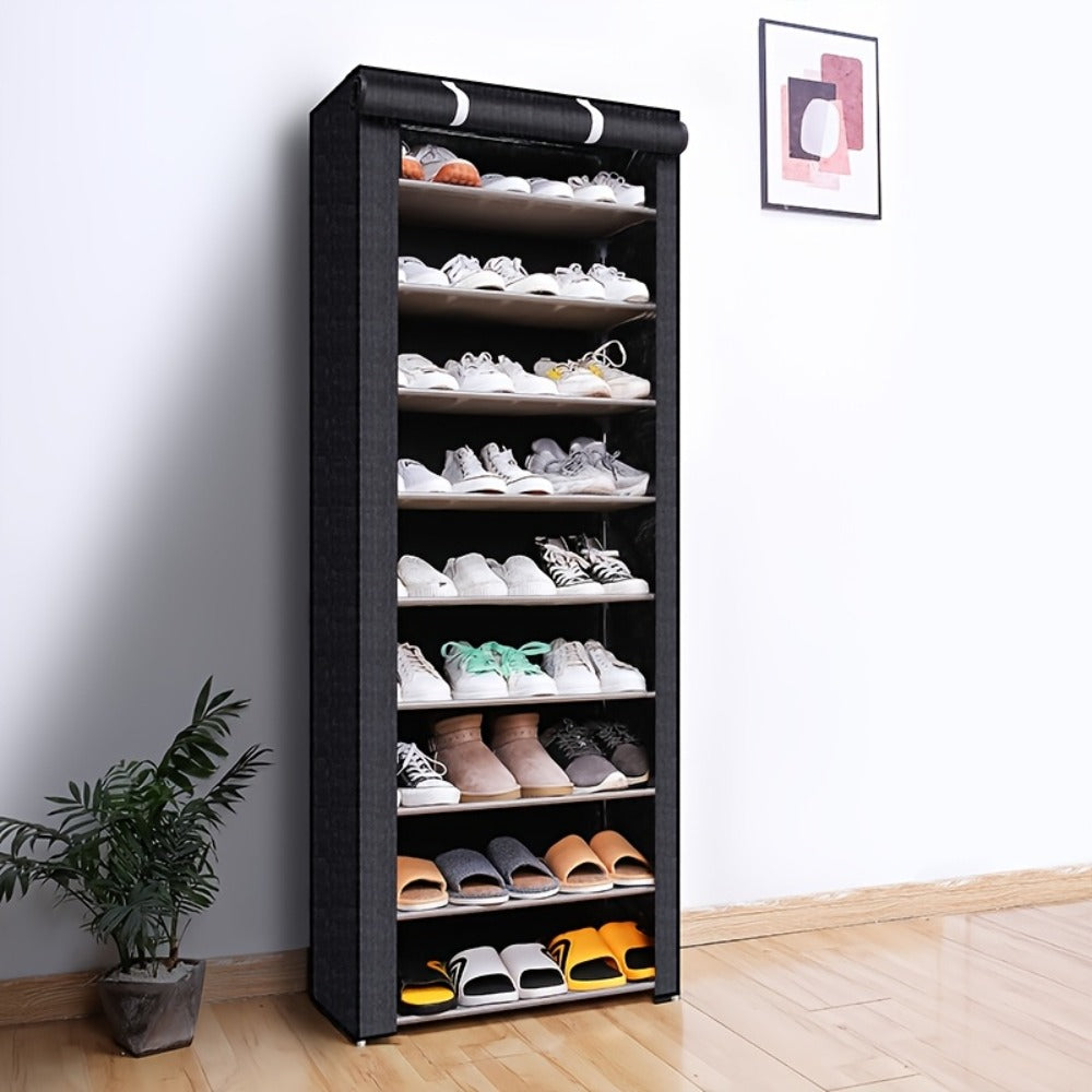 Shoe Rack 10-Tier Gray Portable Organizer for Up to 50 Pairs with Nonwoven Cover and Steel Frame