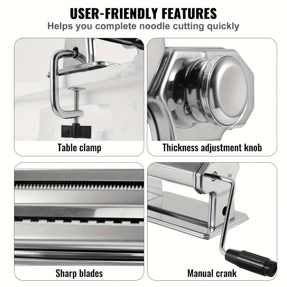 Pasta Machine with 8 Adjustable Thickness Settings, 2-in-1 Stainless Steel Manual Pasta Maker with Roller & Cutter