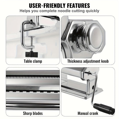 Pasta Machine with 8 Adjustable Thickness Settings, 2-in-1 Stainless Steel Manual Pasta Maker with Roller & Cutter