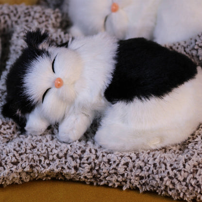 Plush Toy Realistic Sleeping Cat with Meow Sound in Four Coat Patterns for Desk or Room Display