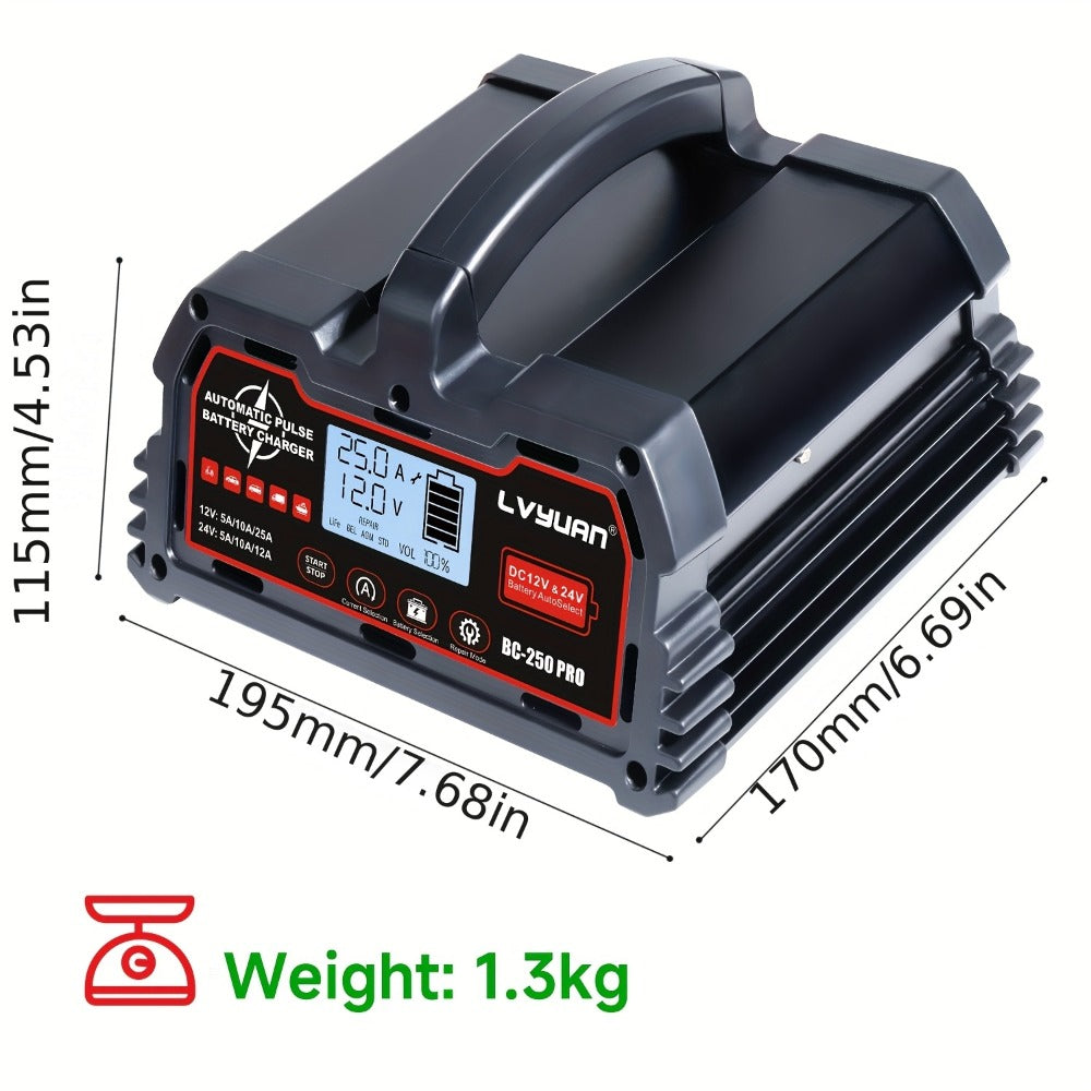 Smart Battery Charger 12V 25A 24V 12A 8-Stage Trickle Charger with Temperature Compensation for LiFePO4 Lead Acid Car Truck Motorcycle Boat