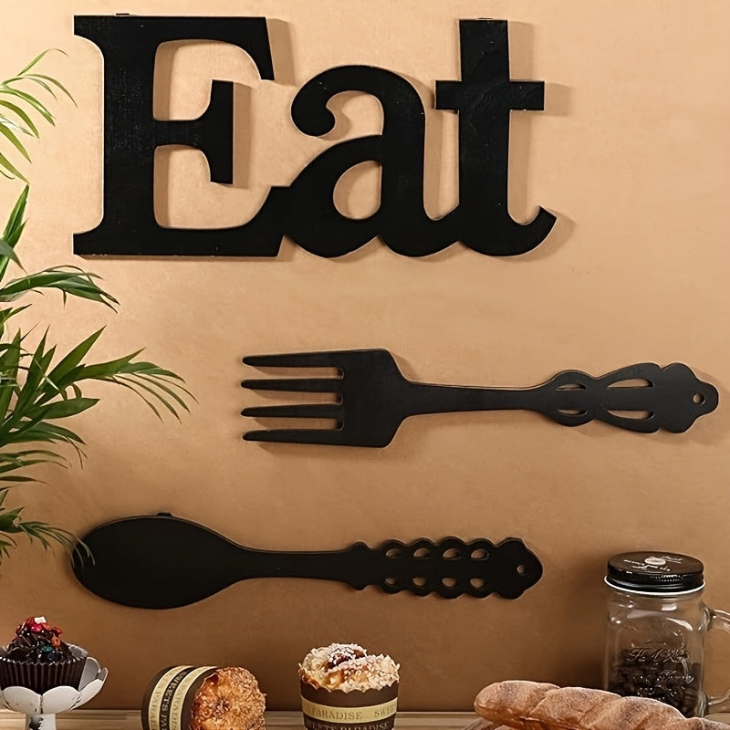 Black Wood EAT Kitchen Wall Decor, Three-Piece Set with Fork, Spoon and 13.8-Inch Letter Sign