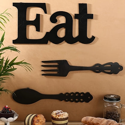 Black Wood EAT Kitchen Wall Decor, Three-Piece Set with Fork, Spoon and 13.8-Inch Letter Sign