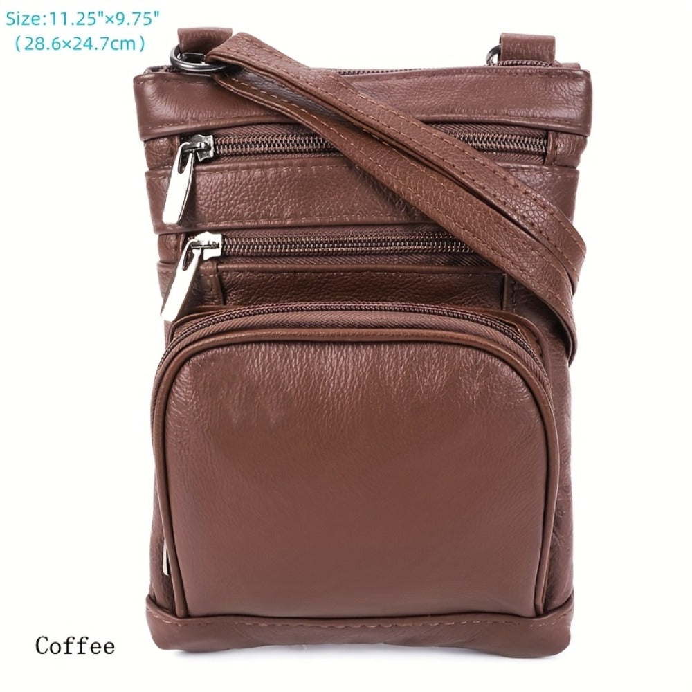 Genuine Leather Shoulder Bag for Women Men Soft First-Layer Cowhide Crossbody Bag Multi-Pocket Messenger Bag 3 Sizes Fits Smartphone Tablet