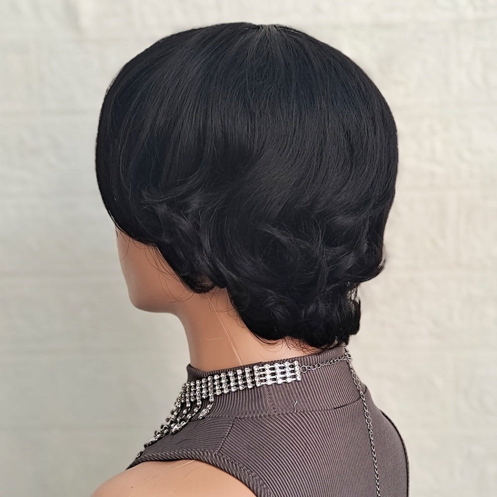 Pixie Cut Wig Human Hair with Bangs Glueless Short Brazilian Layered Machine Made Throw-On-and-Go Hairpiece Natural Black 1B Medium Brown #4