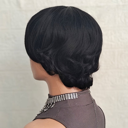 Pixie Cut Wig Human Hair with Bangs Glueless Short Brazilian Layered Machine Made Throw-On-and-Go Hairpiece Natural Black 1B Medium Brown #4