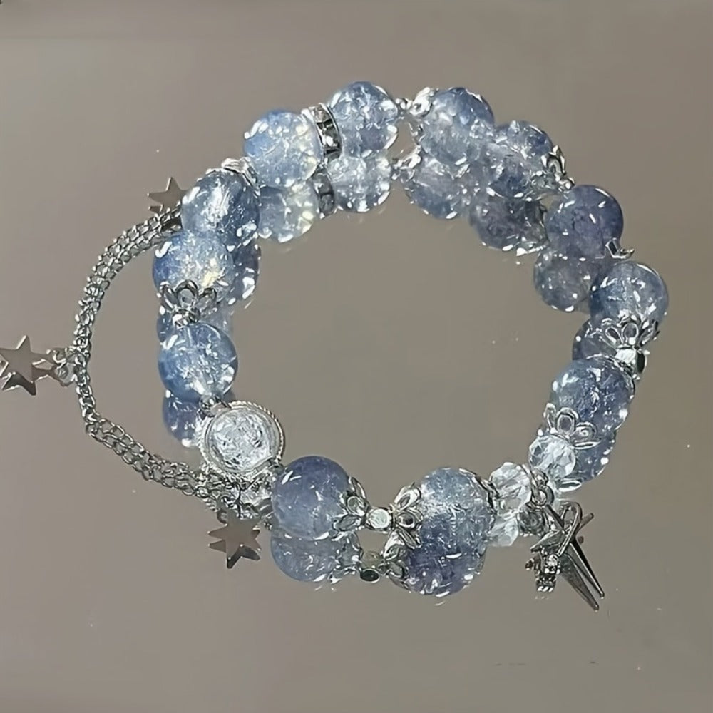 Press On Nails 96-Piece Long Ballerina Blue Gradient 3D Flower Butterfly Set with Four Bracelets