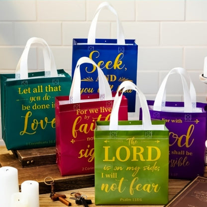 Gift Bag Set Bible Verse Print, 32 or 64 Non-Woven Bags in Eight Colors with White Handles and 9.06 x 8.66 x 4.33 Inch Size