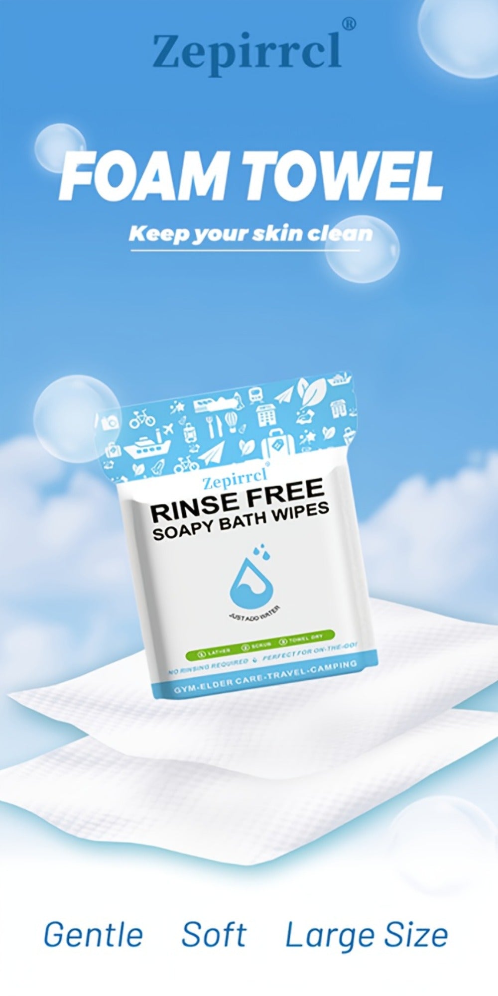 Disposable No-Rinse Soap Towel Sheets for Travel Camping Gym - Portable Foam Bath Towel for Bath Time, Home Spa and Personal Care