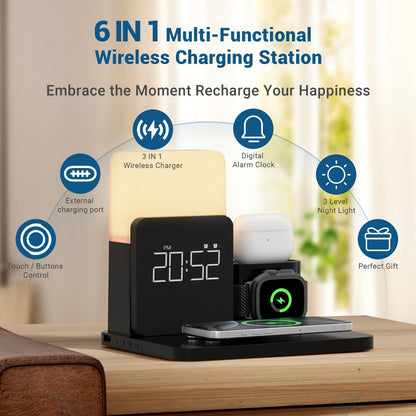 Wireless Charging Station, 3-in-1 Bedside Dock with Alarm Clock for iPhone and Samsung Galaxy Phones