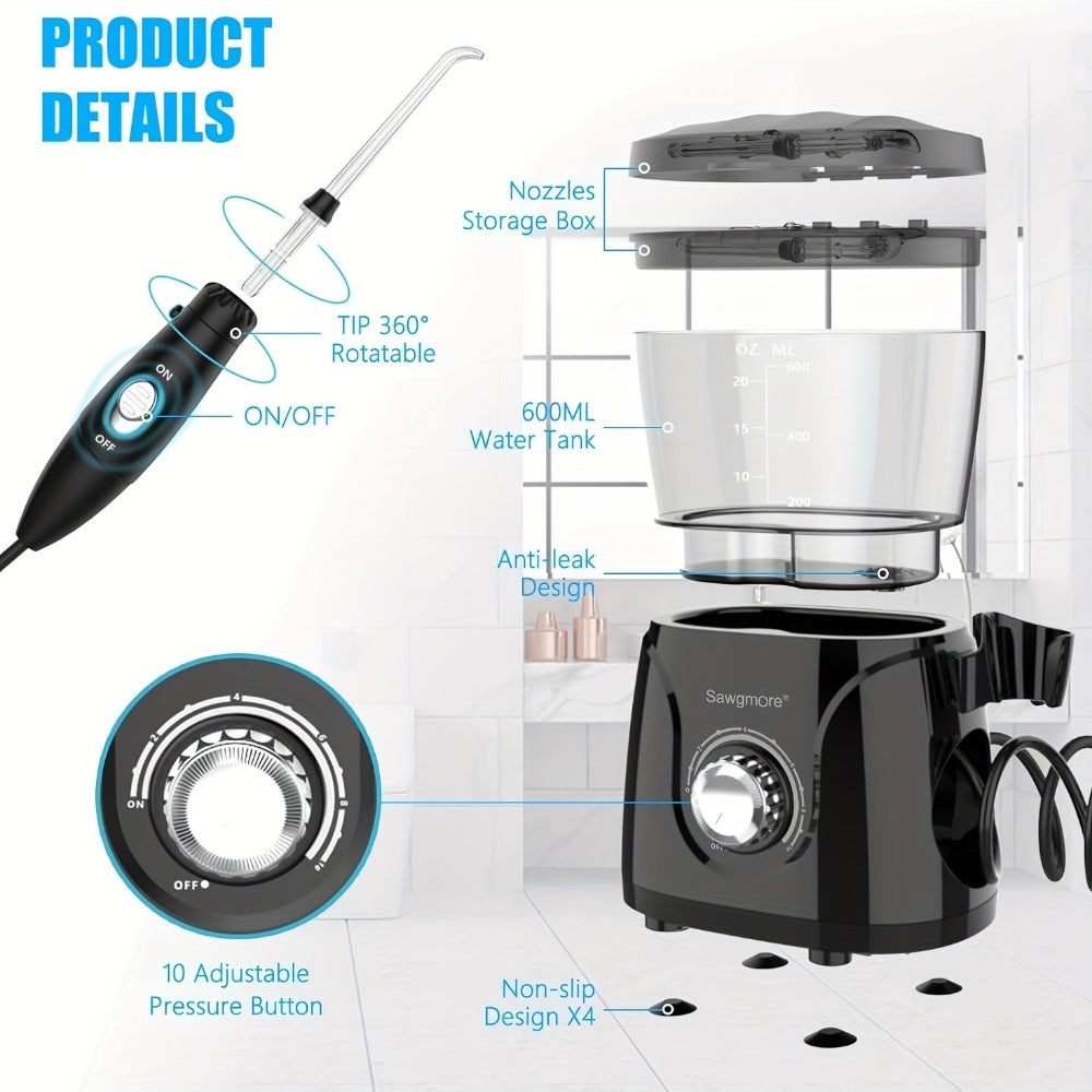 Water Flosser for Teeth & Braces 600ml Large Tank – 10 Adjustable Pressure Levels 8 Nozzles IPX4 Waterproof Professional Oral Irrigator
