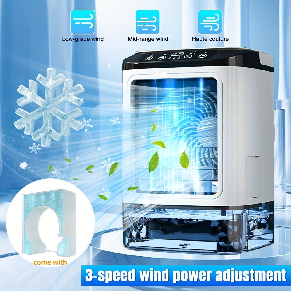 Portable Air Cooler Fan USB Humidifier with Rainbow Ambient Light, 3-Speed Atomization Misting Fan with Large Ice Box and Low Noise