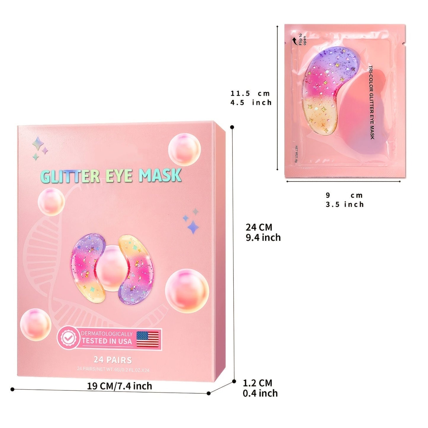 Tri-Color Glitter Under-Eye Mask Set with 24 Pairs of Individually Packed Pink, Gold and Green Gel Patches