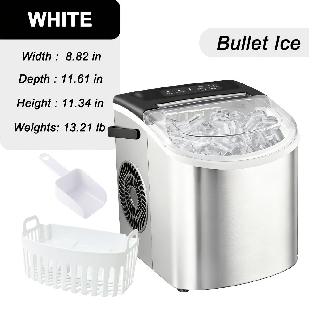 Ice Maker with Basket & Scoop, /Day Countertop Bullet Ice Machine, 9 Cubes in 6 Mins, Self-Cleaning