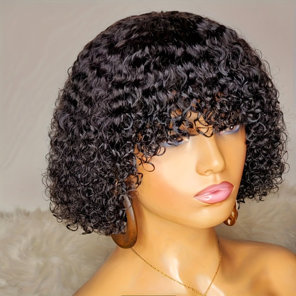 Wavy Elf-Cut Human Hair Wig with Bangs, Rose Mesh Cap and Black 10-Inch Layered Short-Hair Style