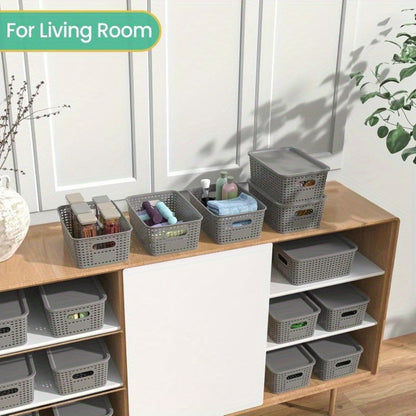 Shelf Storage Organizer Bins with Lids 4 or 8 Pack, Stackable 10 x 7 x 4 Inch Boxes in Four Colors