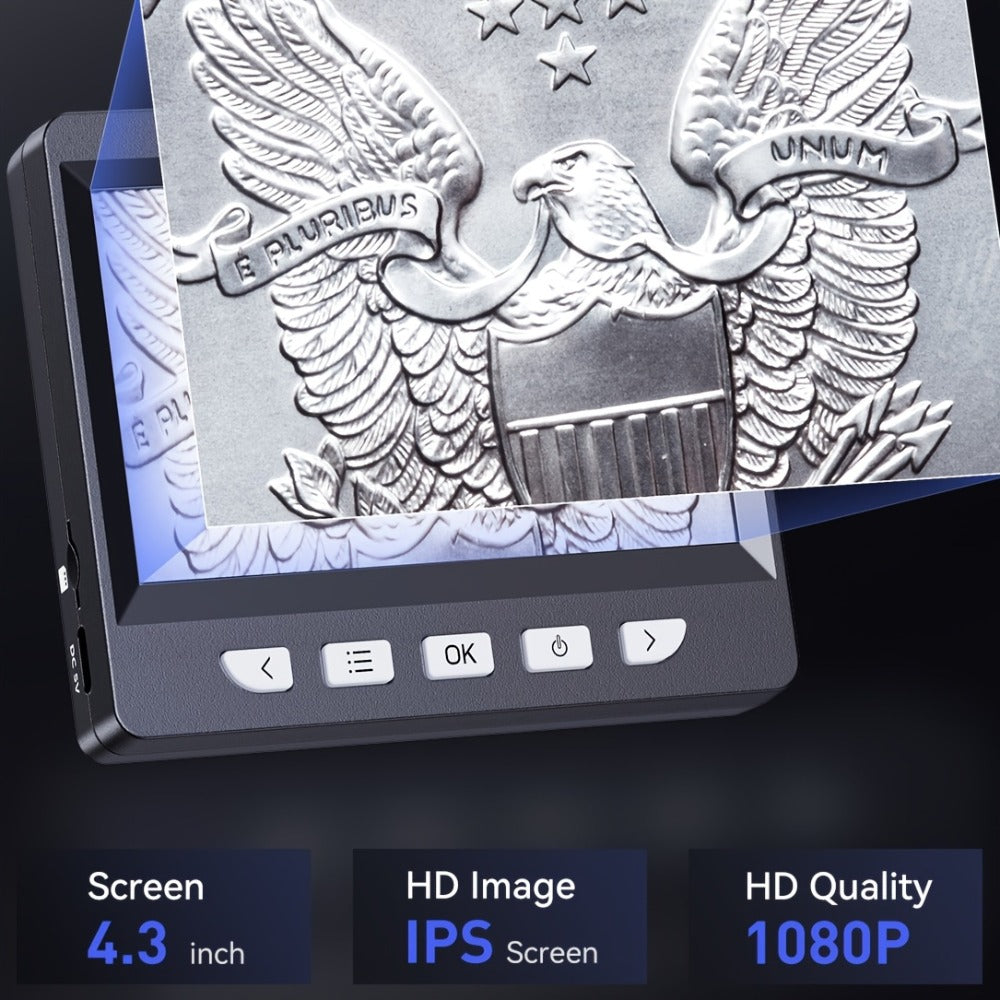 7-Inch IPS Digital Microscope with Eight LEDs, Remote Control and PC Connection for Coin and Electronics Inspection