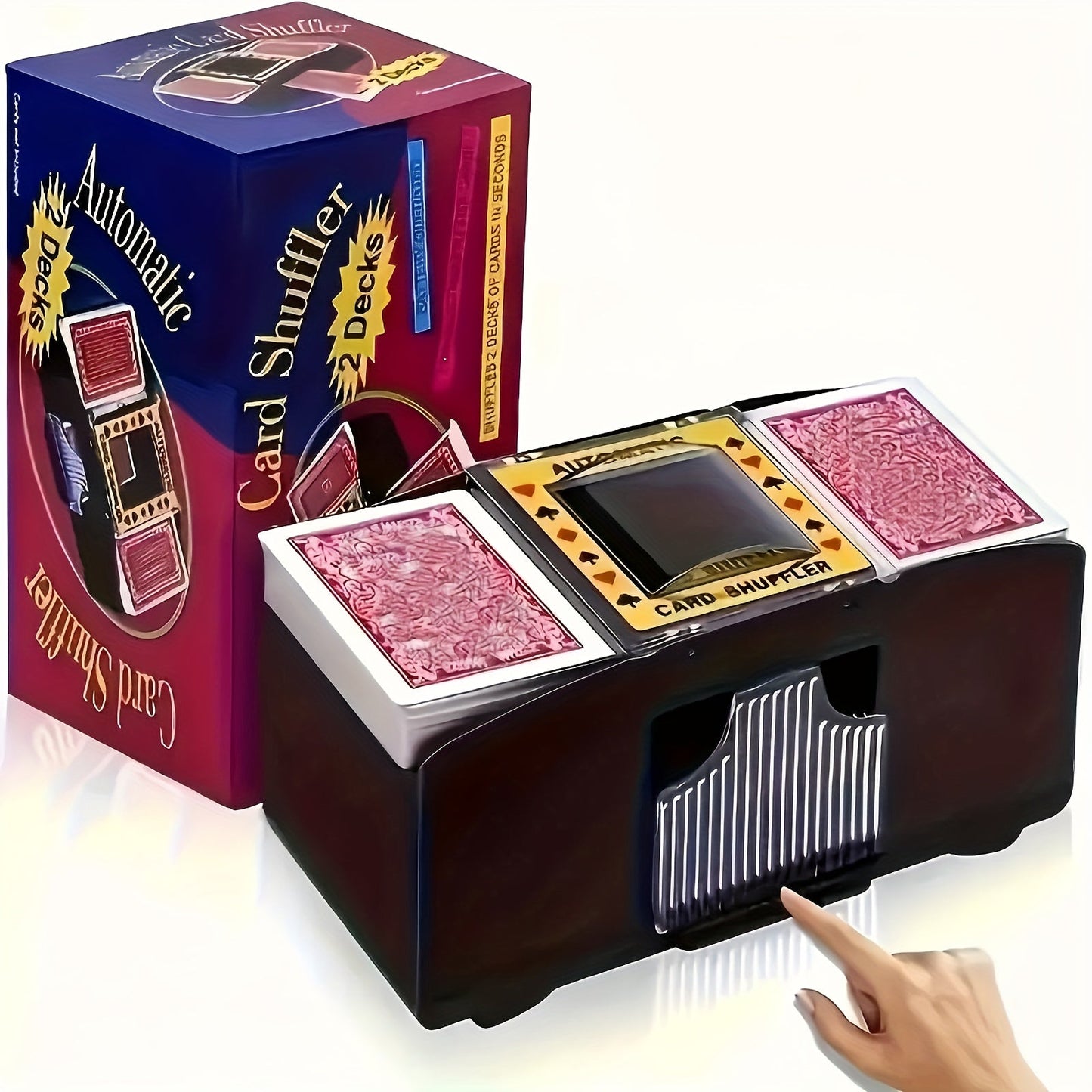 Automatic Playing Card Shuffler for 2, 4 or 6 Decks with One-Button Battery Operation and Transparent Card Chambers