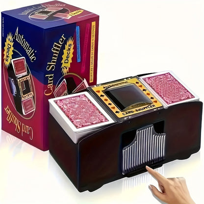 Automatic Playing Card Shuffler for 2, 4 or 6 Decks with One-Button Battery Operation and Transparent Card Chambers