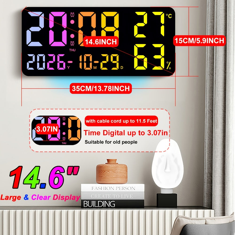 14.6-Inch RGB Digital Wall Clock with Remote, Dual Alarm, Five Brightness Levels and 12 Display Modes