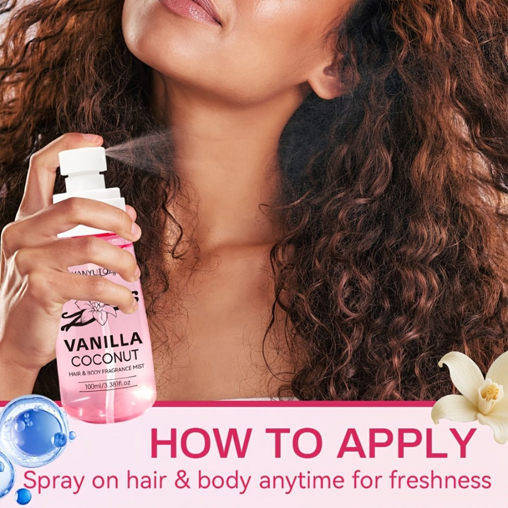 Coconut Vanilla Fragrance Mist Hair & Body Spray – Alcohol-Free with Vitamin E, Argan Oil & Glycerin, Moisturizing Long-Lasting Tropical