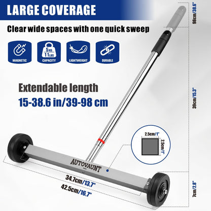 Rolling Magnetic Sweeper 17-Inch with Wheels – Heavy Duty 8.8lb Capacity Telescoping Adjustable Handle 15–38 Inch Picks Up Screws Nails Nuts